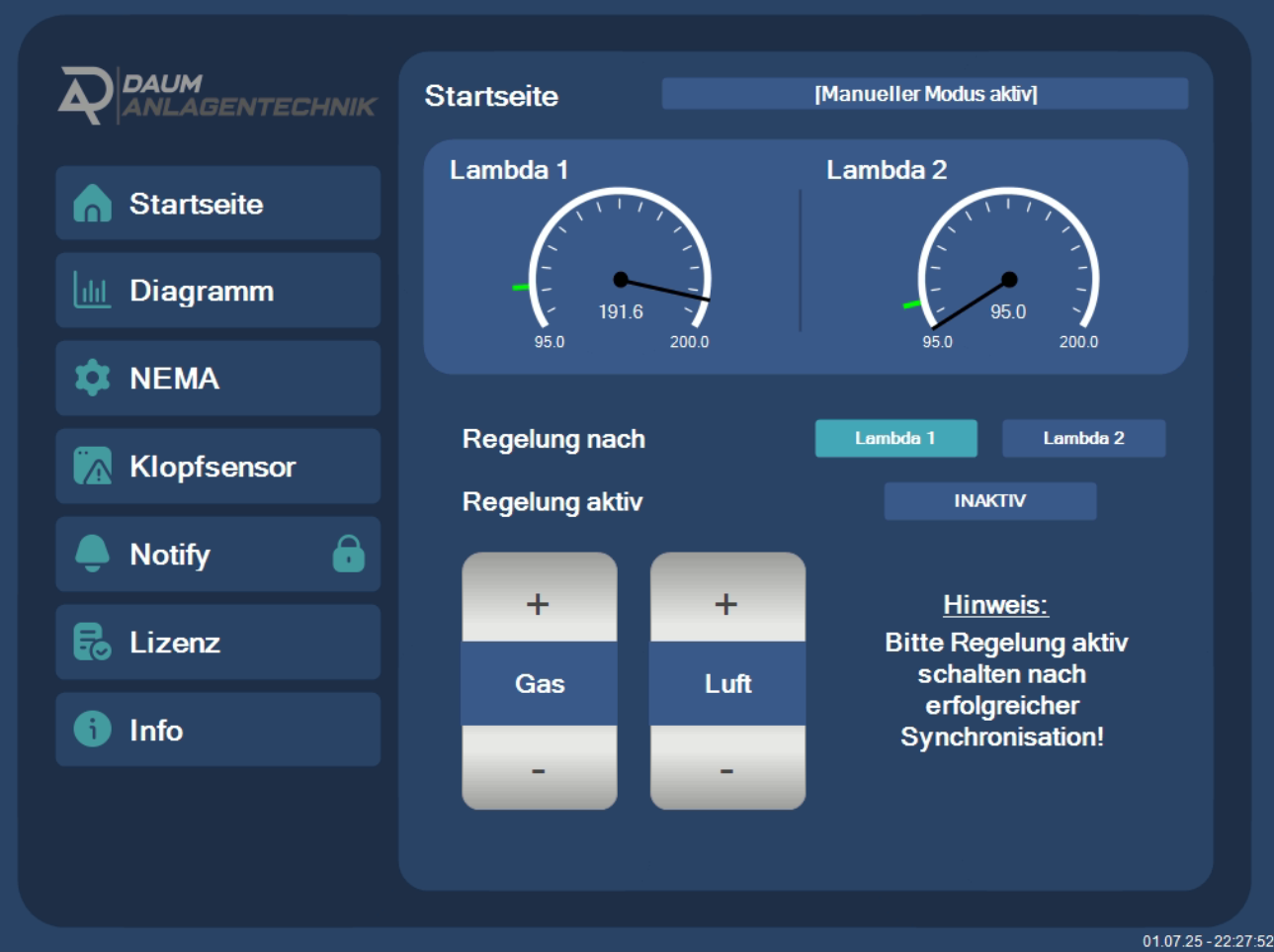 Benutzeroberfläche mit zwei Messanzeigen für Lambda-Werte und Steuerungsoptionen für Gas und Luft. Benutzeroberfläche mit zwei Messanzeigen für Lambda-Werte und Steuerungsoptionen für Gas und Luft.