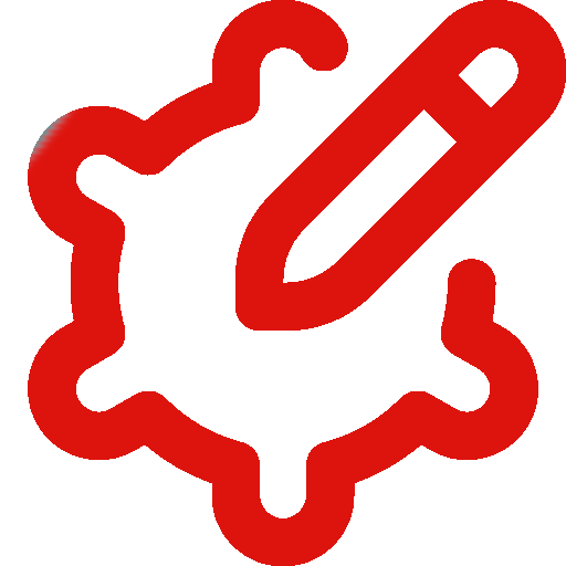 Rotes Virus-Symbol mit einem Stift, der auf die Oberfläche zeigt, auf einem schwarzen Hintergrund. Rotes Virus-Symbol mit einem Stift, der auf die Oberfläche zeigt, auf einem schwarzen Hintergrund.